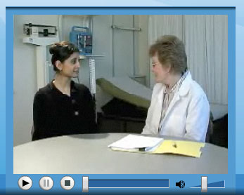 screen grab of one of the video modules developed by the FXB Center for use by healthcare providers. The image shows a clinician speaking with a patient. Click here to go to these resources.