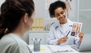 Female doctor pointing at ultrasound image and explaining it to pregnant woman during visit